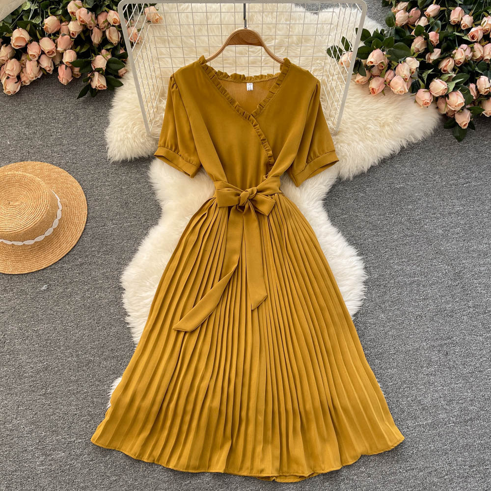 Fashionable Waist-cinching Tie-front Slimming Solid-color Minimalist Dress