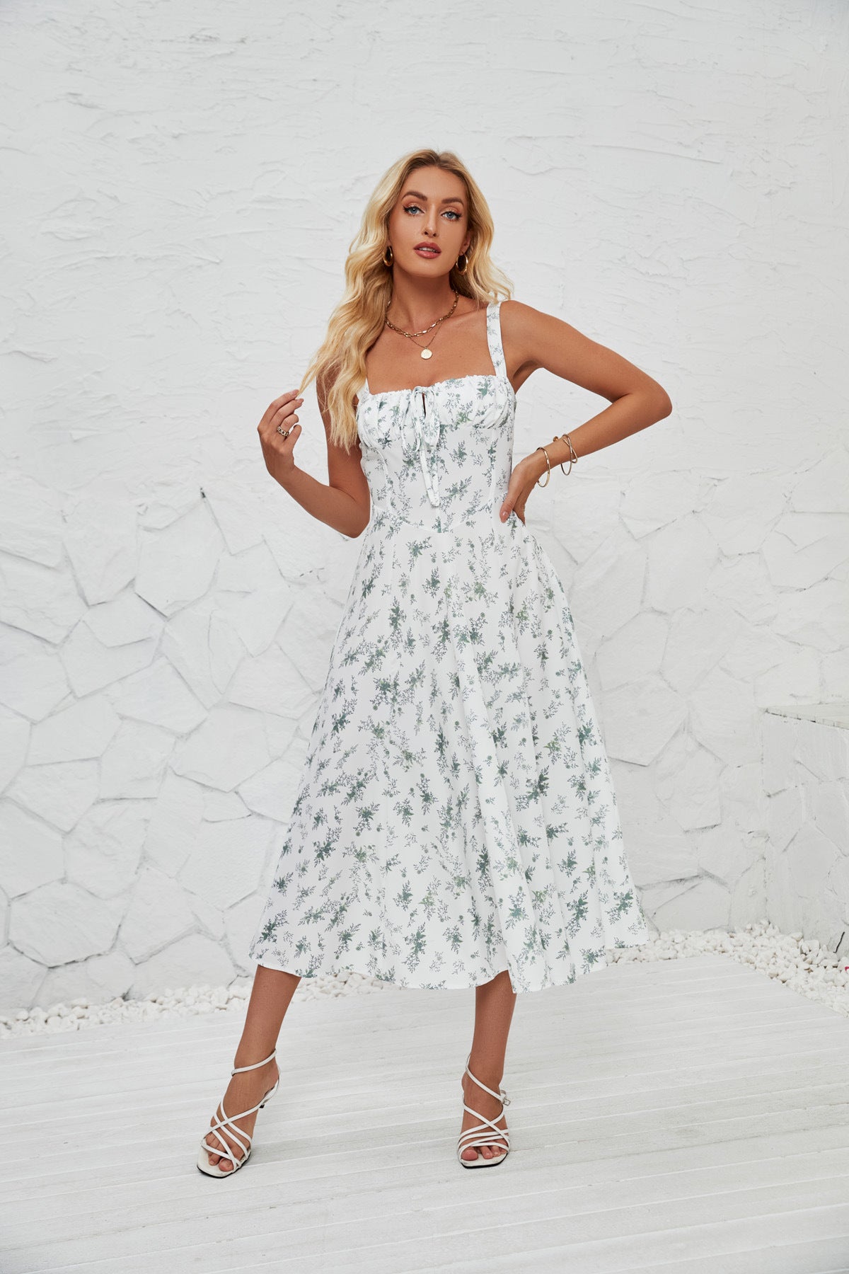 French-style Slip Dress With Side Slit And Print For Women