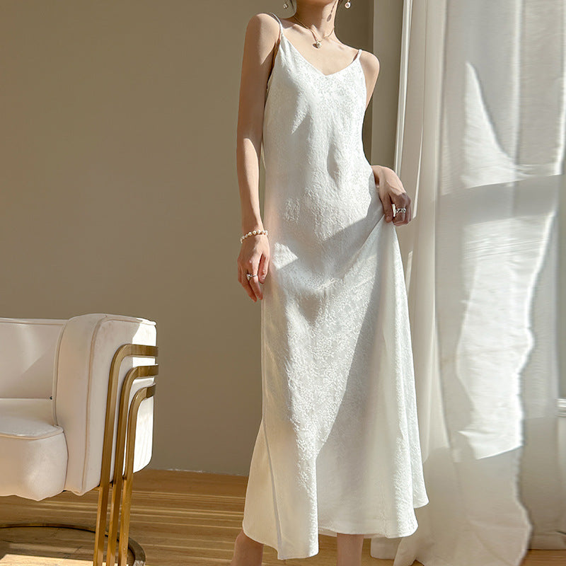 Robe à bretelles en satin acétate, col en V, pour femme