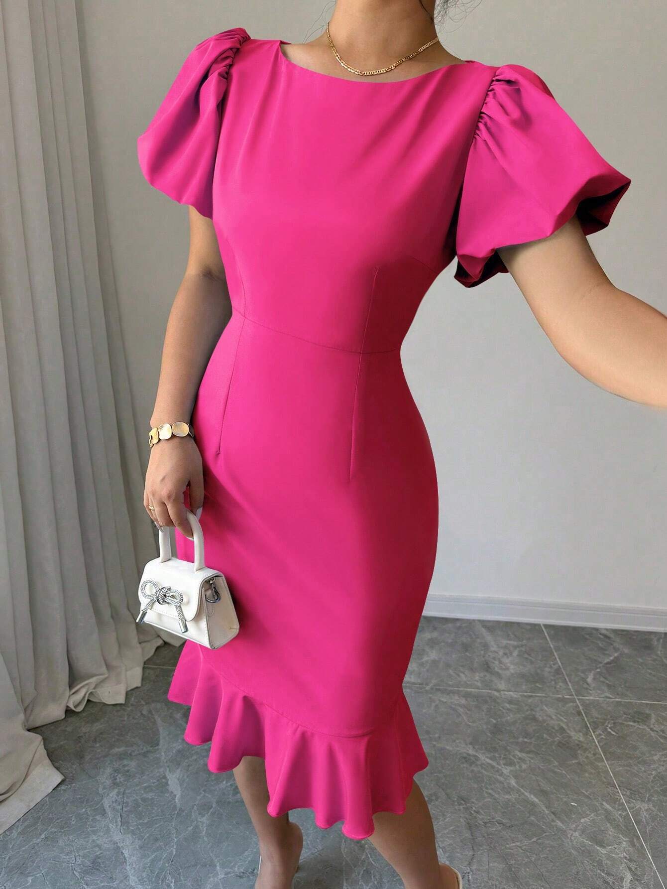 Round Neck Lantern Sleeve Ruffled Elegant Fishtail Skirt