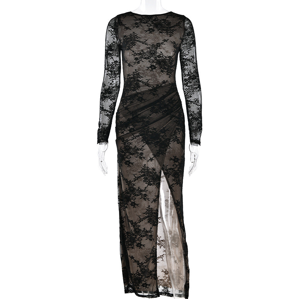Womens Slit Long Elegant Sheer Dress