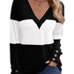 Color Block Stitching Fastener Decoration Casual V-neck Top