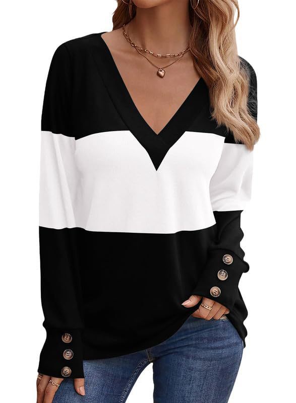 Color Block Stitching Fastener Decoration Casual V-neck Top