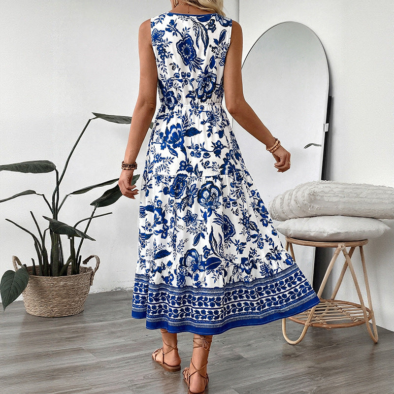 Retro Resort-style Long Dress V-neck Sleeveless One-piece Dress