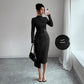Small Stand-up Collar Knit Solid-color Dress With Metal Buttons