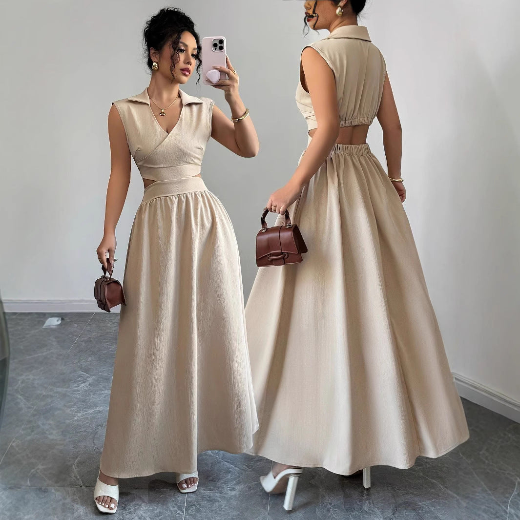 New French-style Dress With A V-neck A-line Silhouette And Sleeveless Design