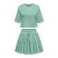 Round Neck Solid Color Half Sleeves Loose Top T-shirt Drawstring Pleated Skirt Commuter Suit