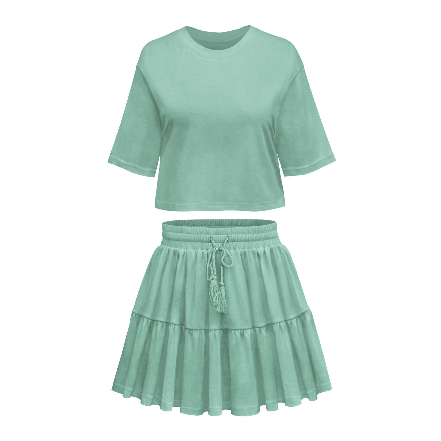 Round Neck Solid Color Half Sleeves Loose Top T-shirt Drawstring Pleated Skirt Commuter Suit