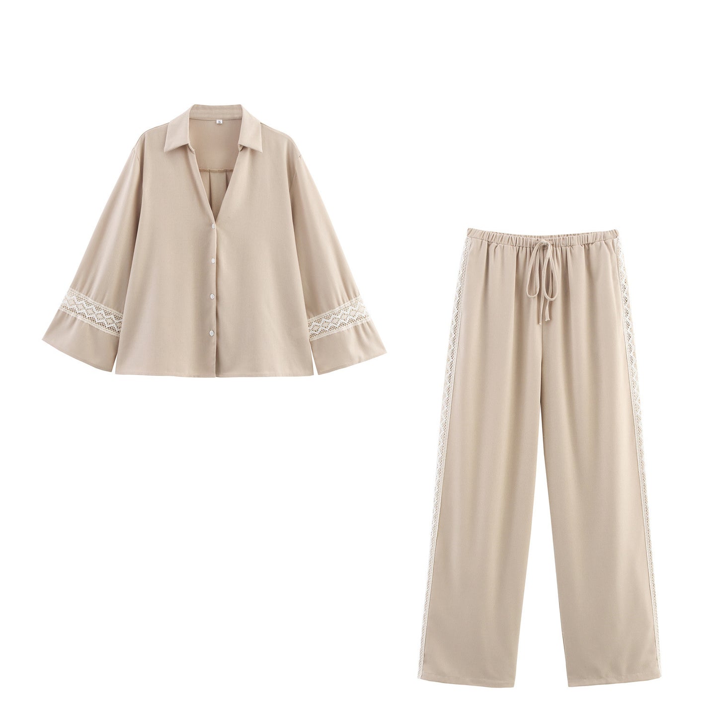 V-neck Cuff Patchwork Edge Shirt Elastic Waist Casual Trousers Suit