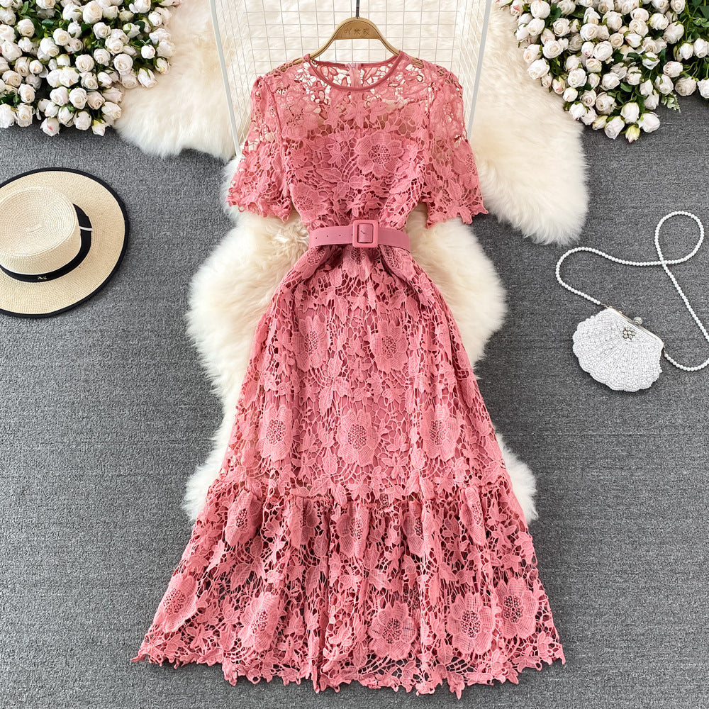 Summer Ladies Round Neck Crocheted Hollow Lace Dress