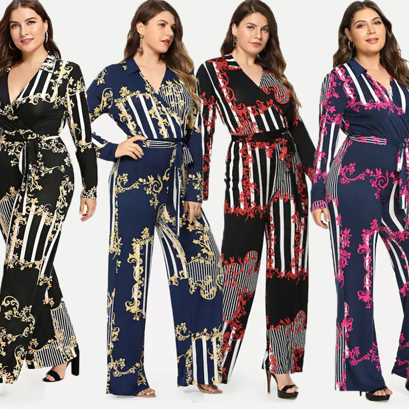 Women's printed trousers lace up jumpsuit
