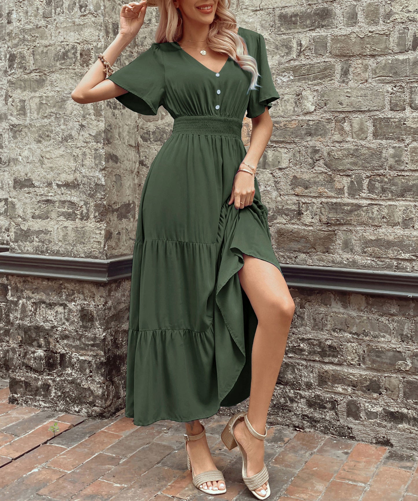 Cinched Elegant Commuter V-neck Midi Dress