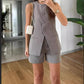 2-piece Sleeveless Round Neck Button High-waisted Trousers Business Work Suits