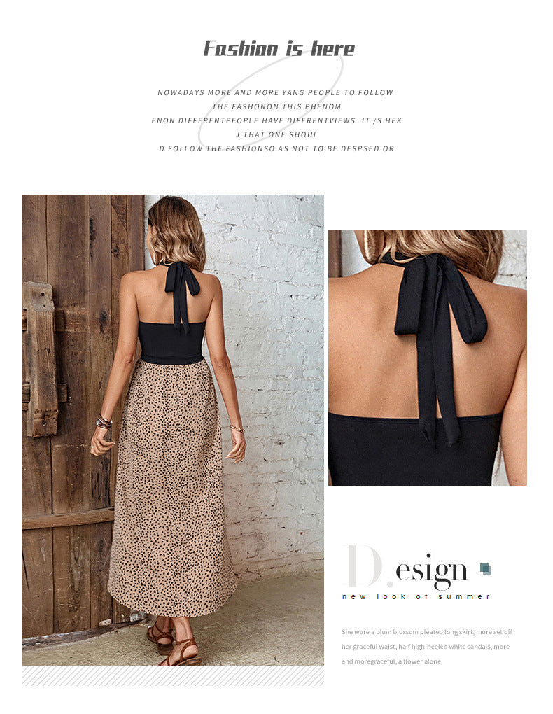New European And American Summer Women's Leopard Print Halter Irregular Slit Dress