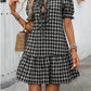 Plaid Drawstring Puff Sleeve Bohemian Dress