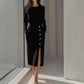 Long-sleeved Round Neck Waist-tie Button-decorated Slit Women's Dress