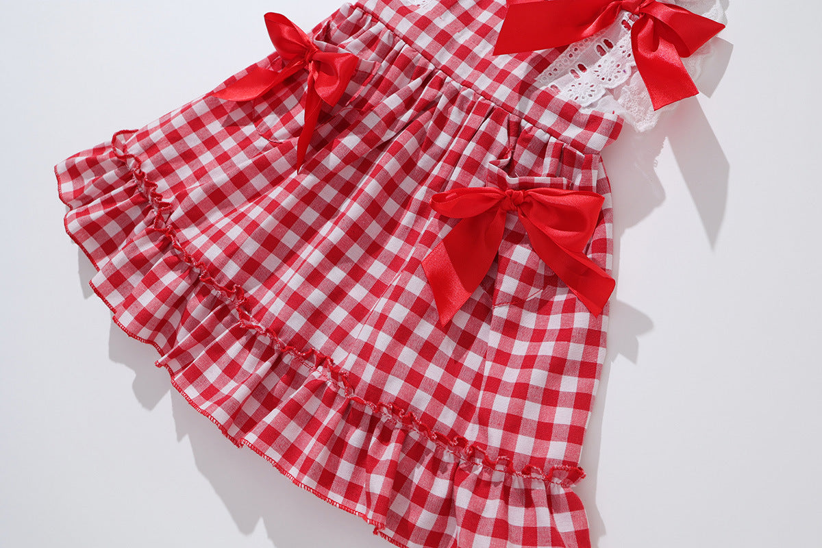 Girls' Red Plaid Bow Suspenders Princess Dress