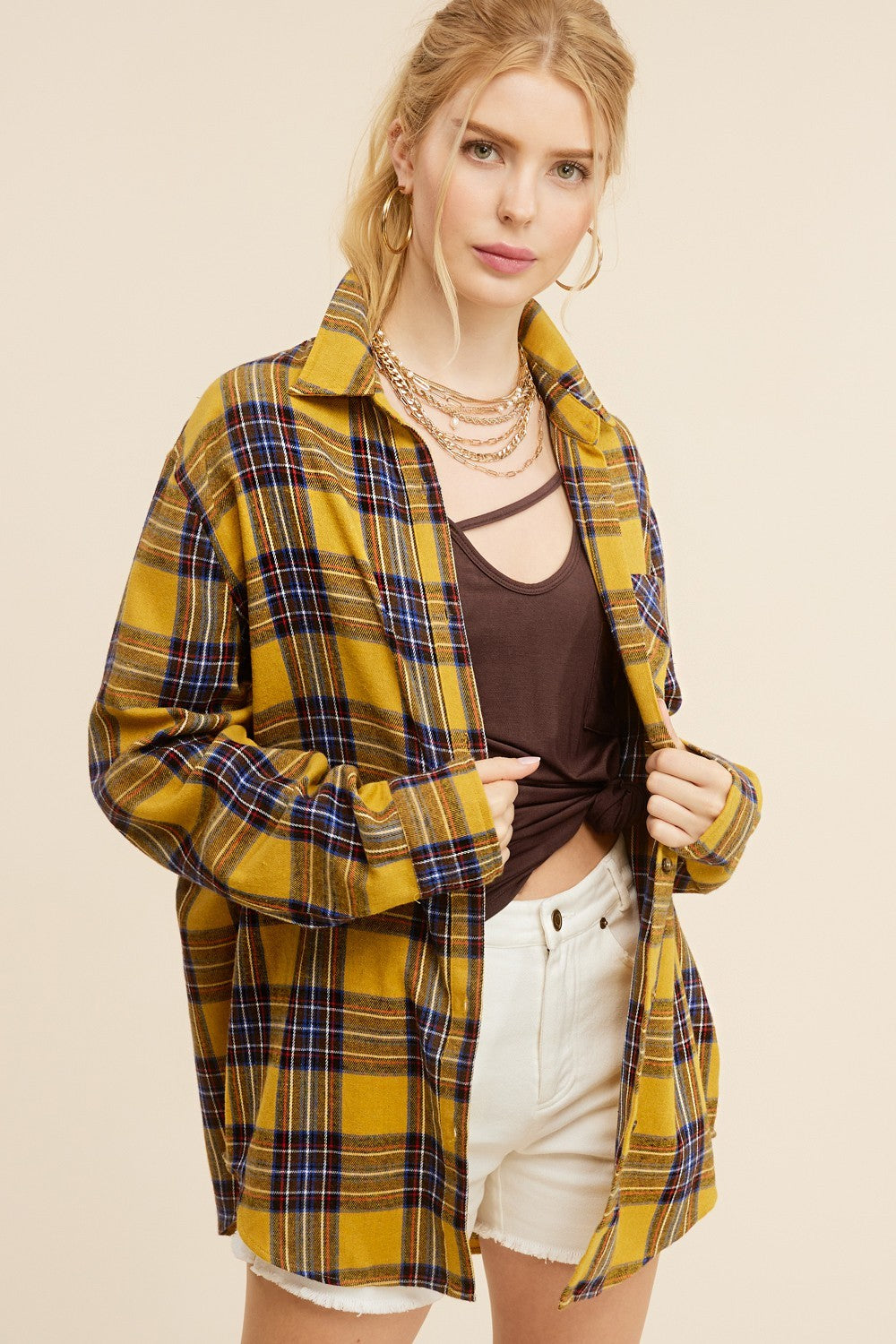 Women's Fashion Polo Collar Pocket Single-breasted Plaid Shirt