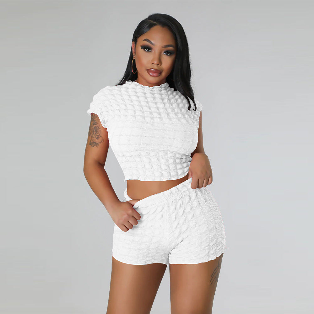 Women's Clothing Sleeveless Midriff-baring Shorts Popcorn Bubble Two-piece Set
