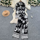Bohemian-style Printed Short-sleeve Polo-collar Shirt And Wide-leg Pants Set