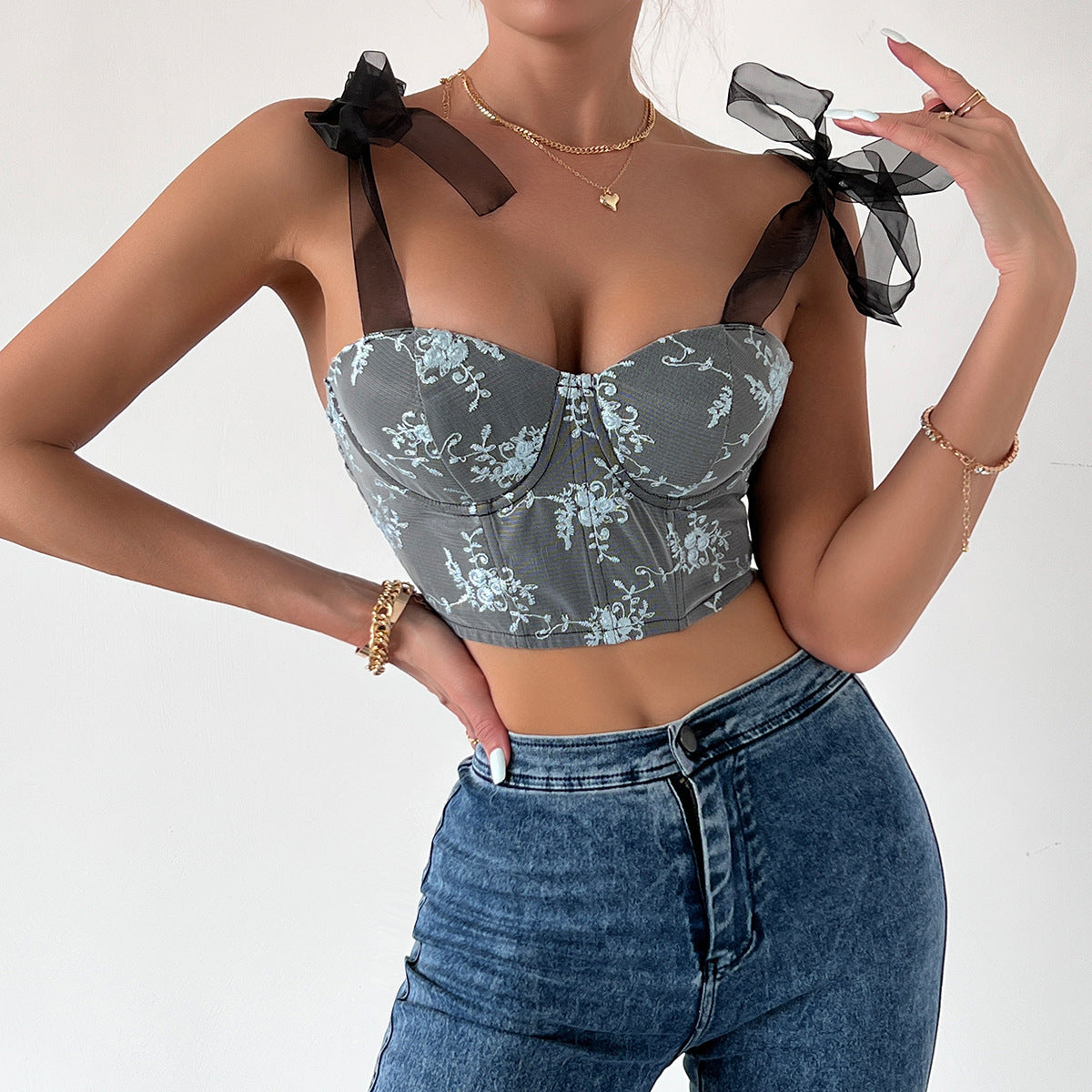 Women's Fashion Lace-up Sling Steel Ring Fishbone Chest Vest