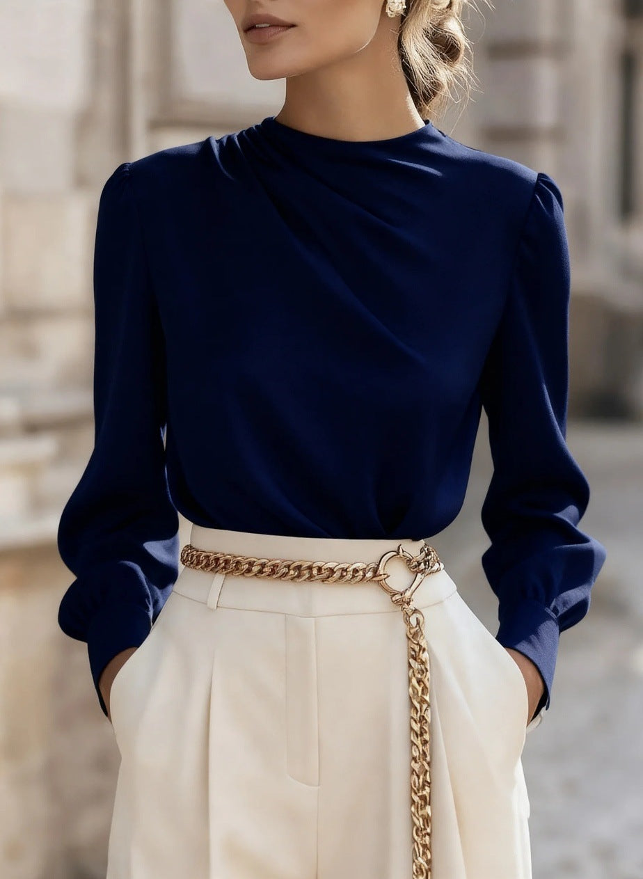 Simple Commuting Temperament Pleated High-neck Lantern Sleeve Blouse For Women
