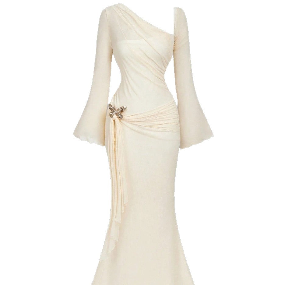 Flared Sleeves With A Butterfly-clasp Design Create A Slimming Ruched Look