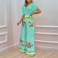 Women's Fashion Casual Temperament V-neck Print Wide Leg Pants