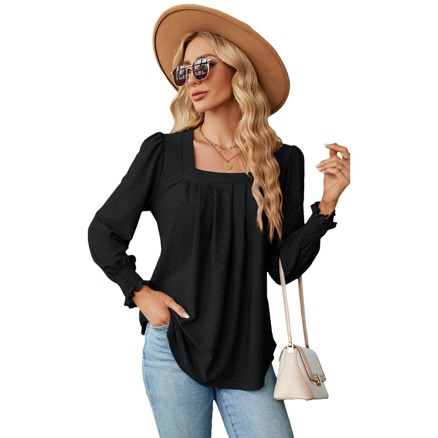 T-shirt jacquard plissé à col carré, couleur unie, manches longues, tendance, vêtements pour femmes