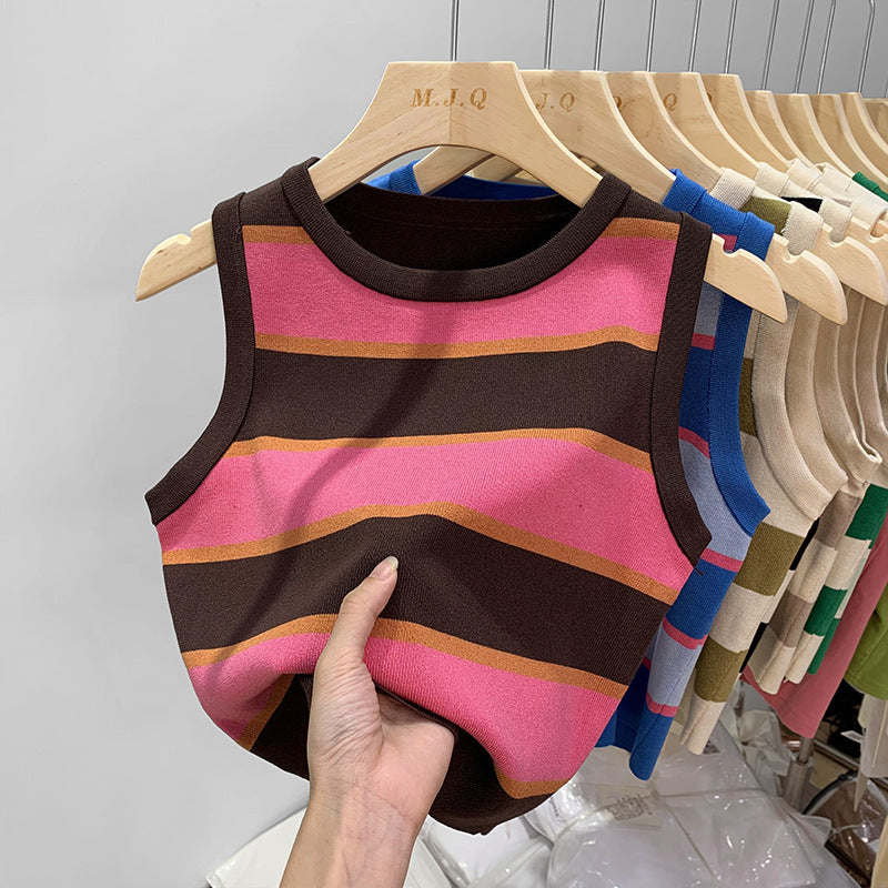 Women's Slim And Slim Knitted Contrast Color Striped Vest