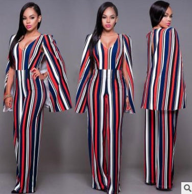 Summer Explosions Europe And The United States V-neck Print Cloak Backless Wide Tube Piece Trousers