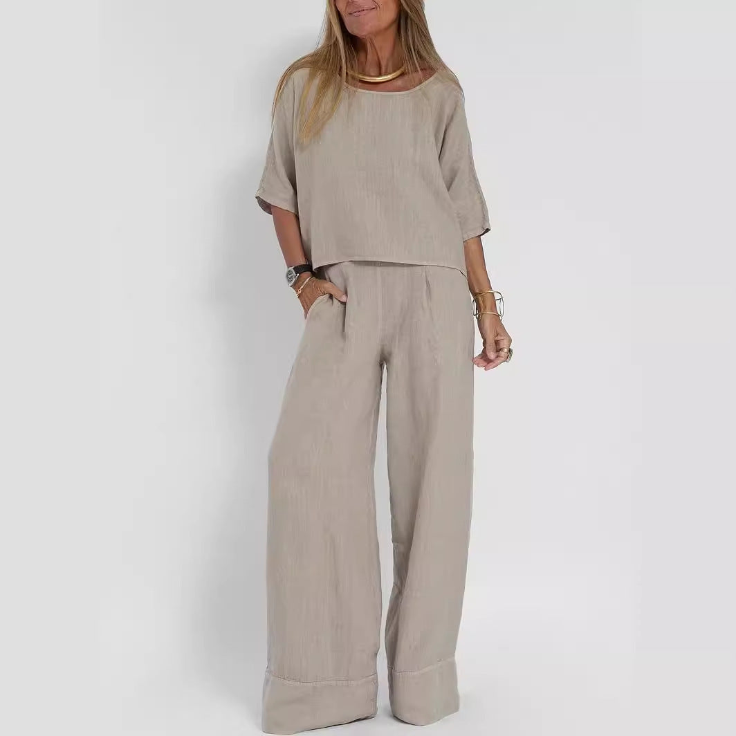 Ensemble pantalon large décontracté en coton et lin pour femme, manches courtes