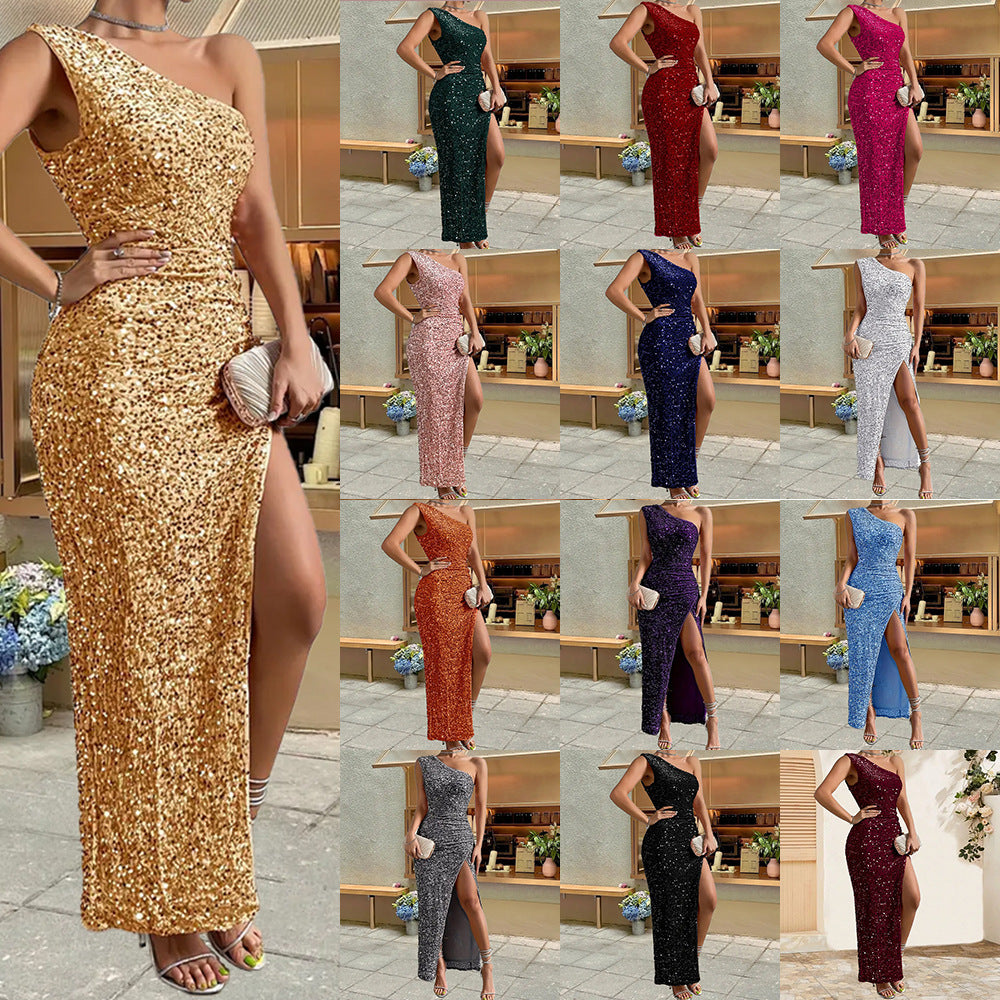 Sequined Shoulder Sleeping Beauty Split Solid Color Dress