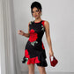 Waist Belt Slim-fit Printed Large Swing Dress