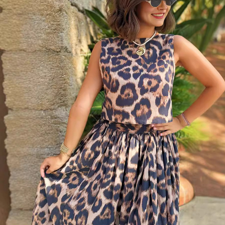 European And American Leisure Leopard Print Top Skirt Two-piece Suit