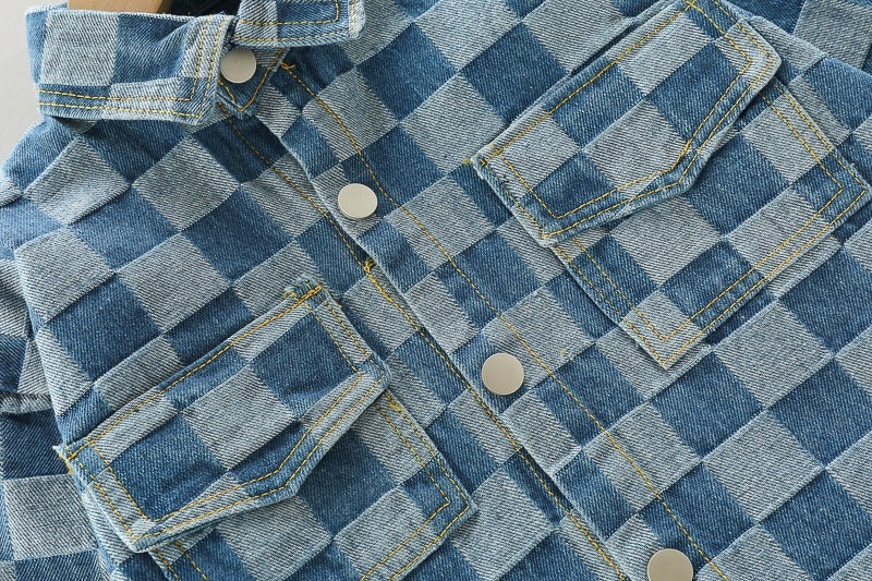 Combinaison à carreaux avec double poche et revers, pantalon à manches longues et salopette pour enfant