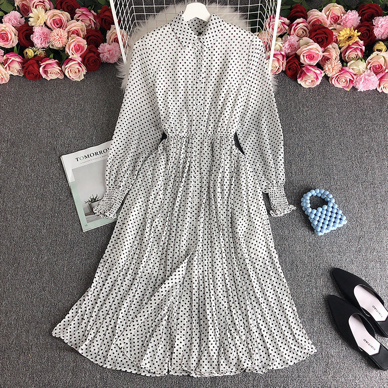 Women's POLO Collar Slim Fit Long Polka Dot Chiffon Pleated Skirt