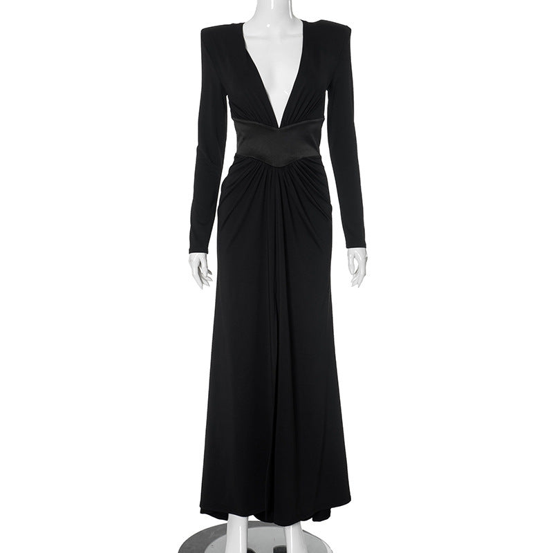 Robe longue à manches longues et fente haute pour femme