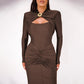 Slim-fit Pleated Hollow-out Long Sleeve Dress