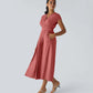 Solid Color Overlapping V-neck Short Sleeve Side Pocket Lace-up Quick-drying Mid-length Casual Dress