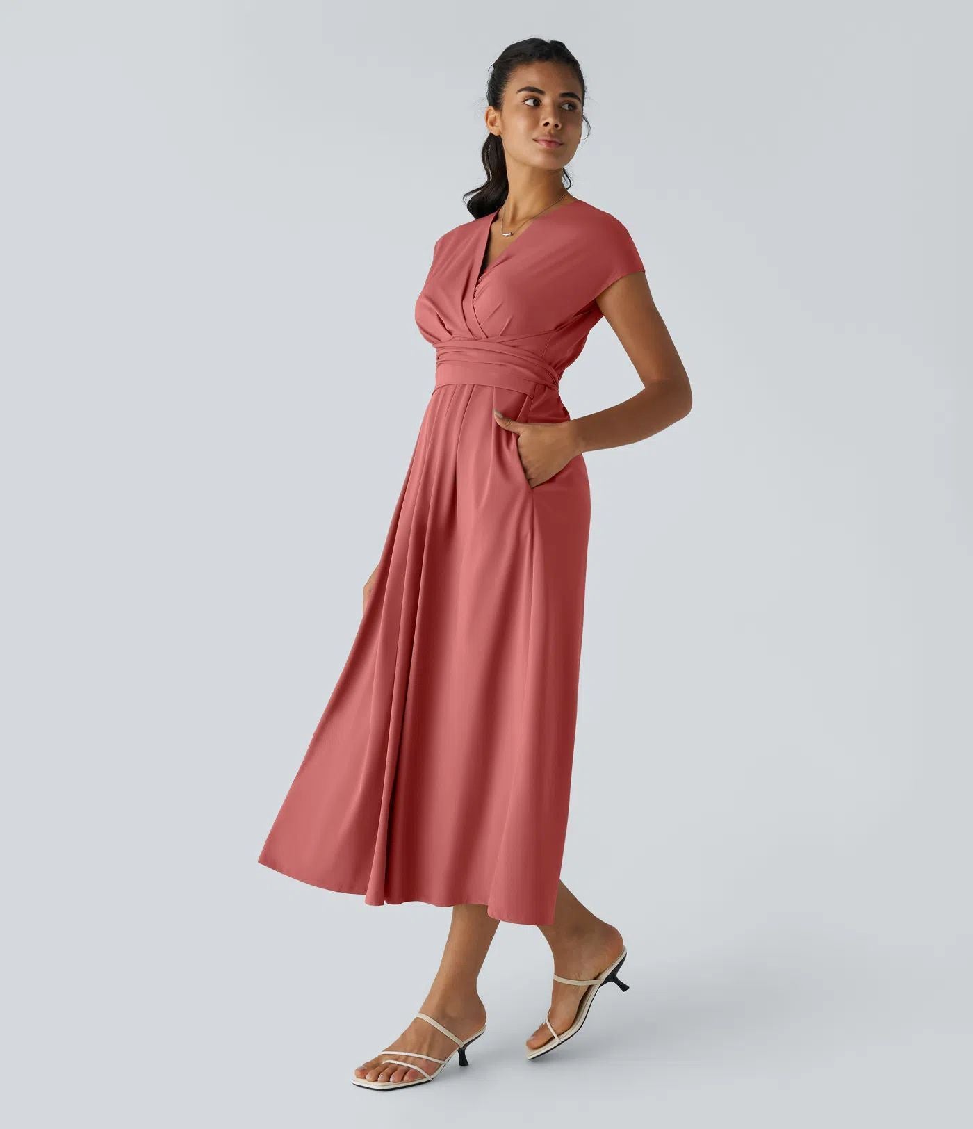 Solid Color Overlapping V-neck Short Sleeve Side Pocket Lace-up Quick-drying Mid-length Casual Dress