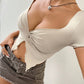 Haut en tricot pour femme, motif fille sexy, plissé et torsadé sur la poitrine, décolleté en V profond