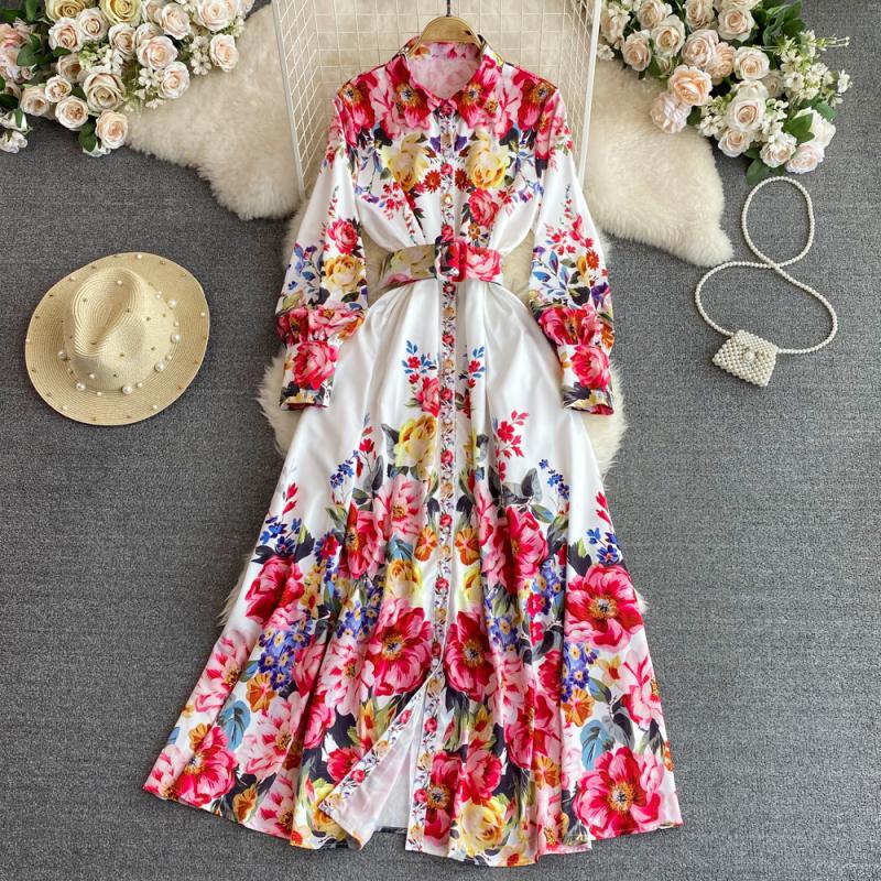 Light Luxury Lapel Puff Sleeve Single-breasted Printing A Words Dress