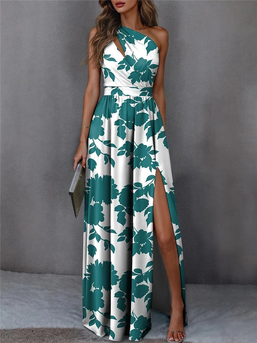 Robe élégante fendue sans manches à épaules inclinées et taille haute