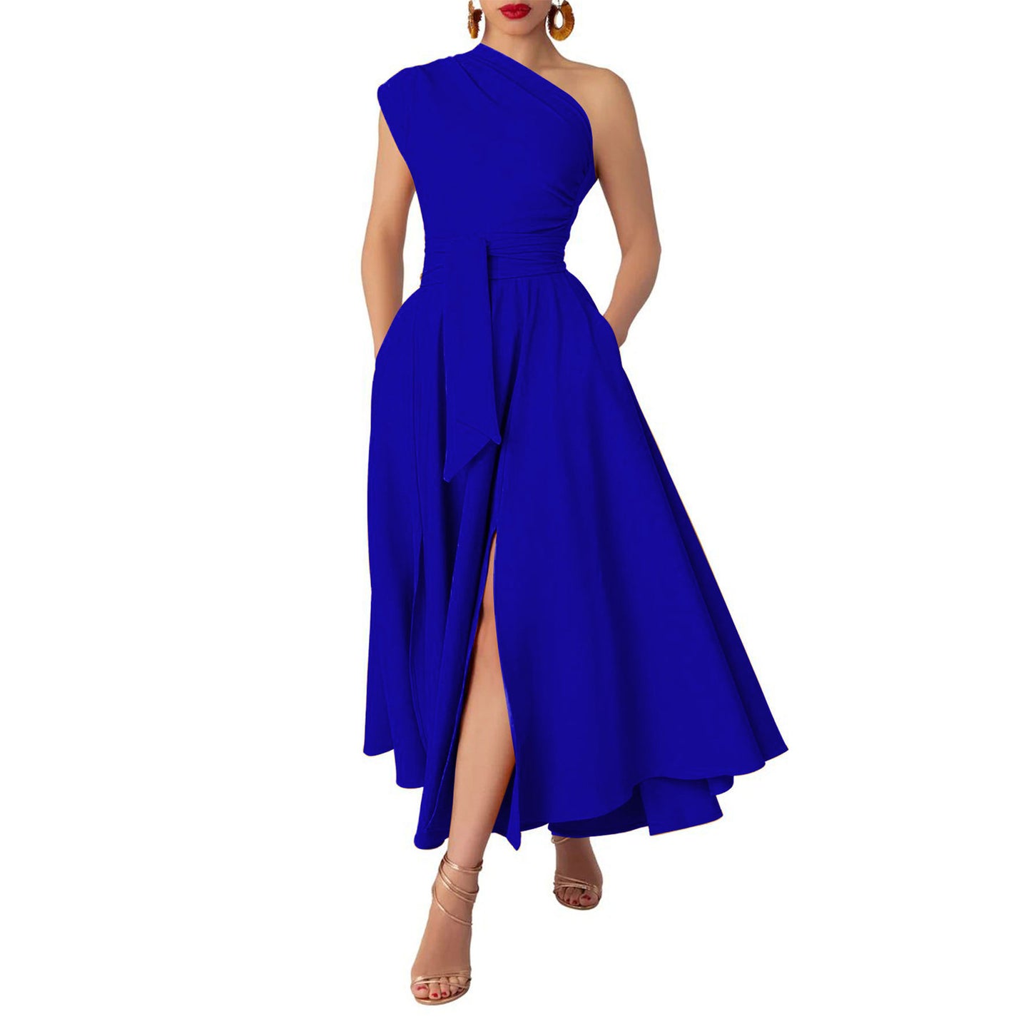 Womens Sleeveless Slash-Neck Solid Color Waist-Cinching Dress