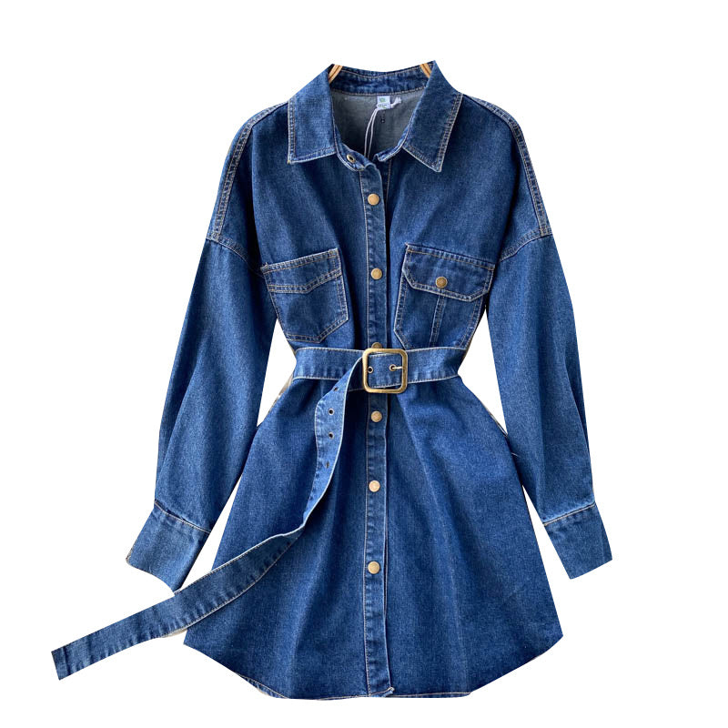 Women's Retro-breasted Denim Jacket With Polo Collar And Waist Was Thin