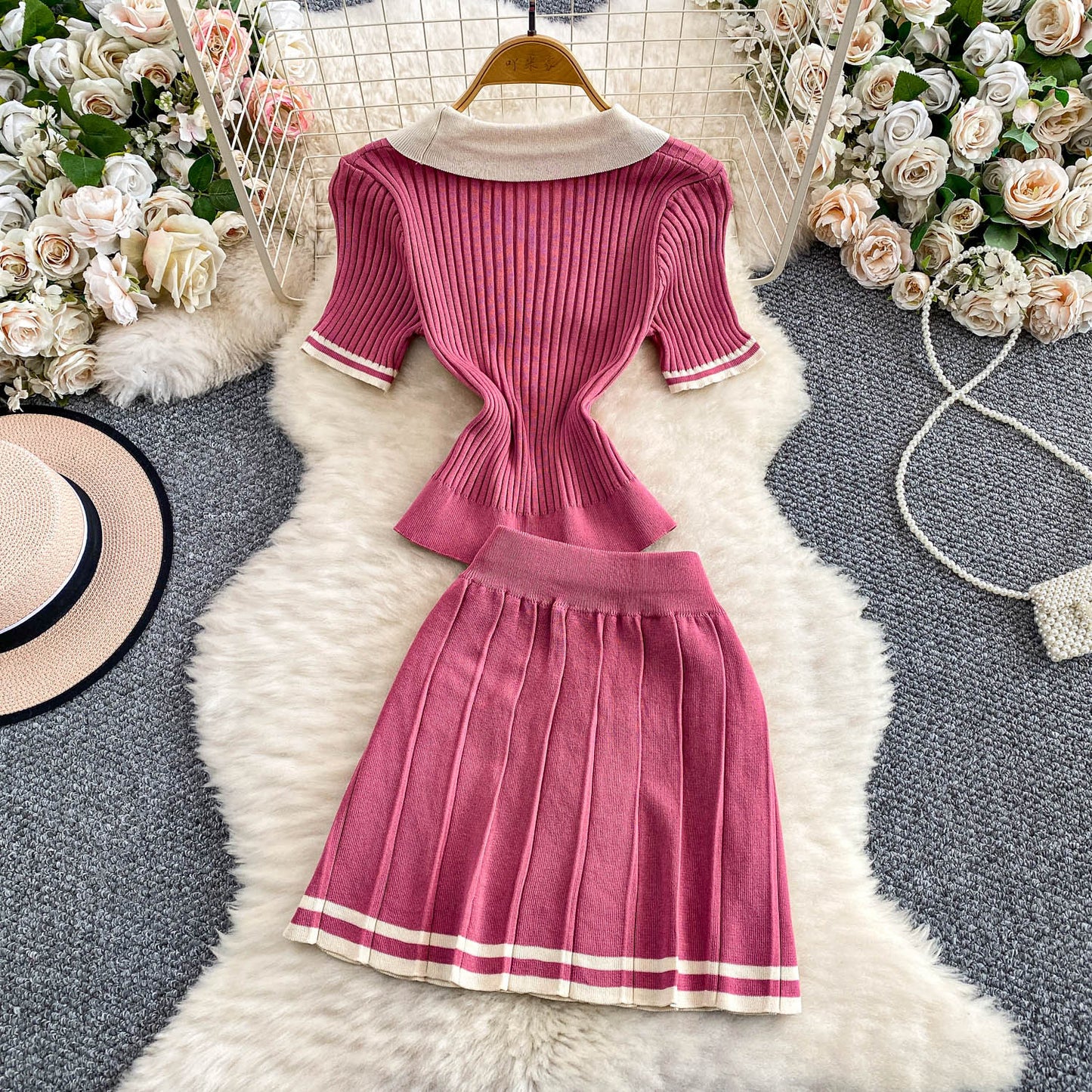 Contrast-color Button-front Top With A High-waisted Skirt