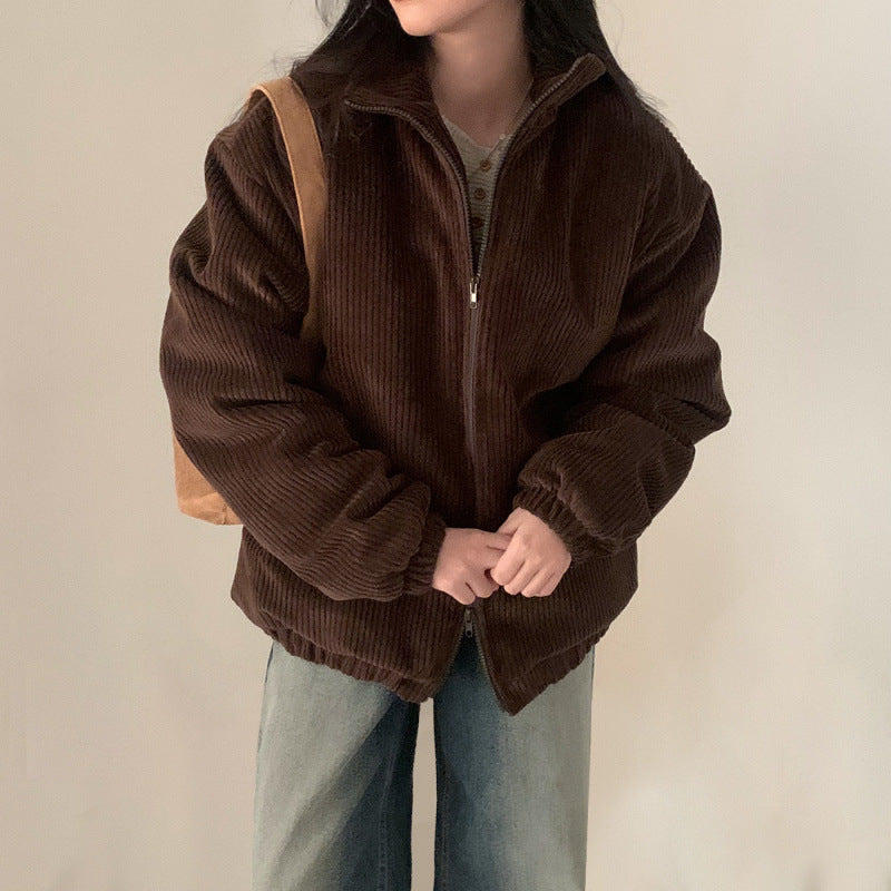 Manteau court ample en velours côtelé et coton rembourré à rayures profondes pour femme