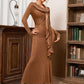 Robe de soirée plissée à col rond et manches longues, coupe ajustée, avec ruban