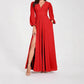 Solid Color V Neck Slit Long Sleeve Pleated Elegant Maxi Dress